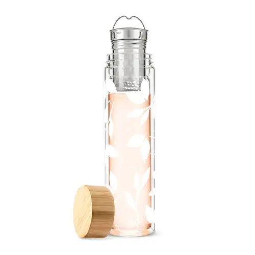 White Leaf Pattern Glass Travel Infuser Mug