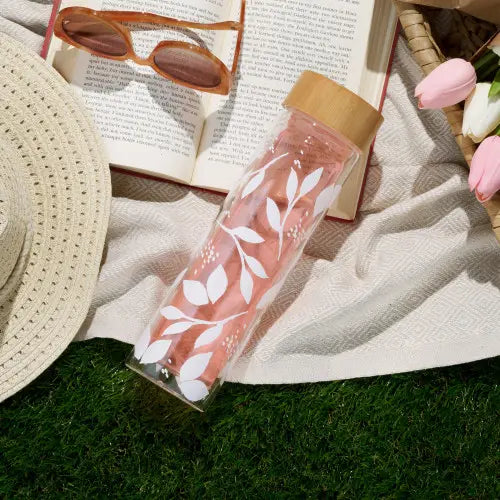 White Leaf Pattern Glass Travel Infuser Mug